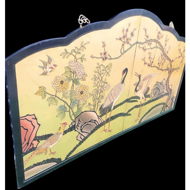 Vintage Massive Arched Chinoiserie Carved Wood Egret Birds Cherry Blossom Wall Hanging screenHeadboard For Sale - Image 12 of 13