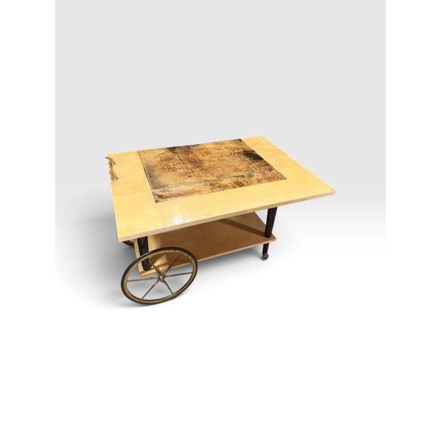 Vintage Aldo Tura Milano Italian Lacquered Goatskin Parchment Drop-Leaf Bar Cart, 1960s For Sale In West Palm - Image 6 of 12