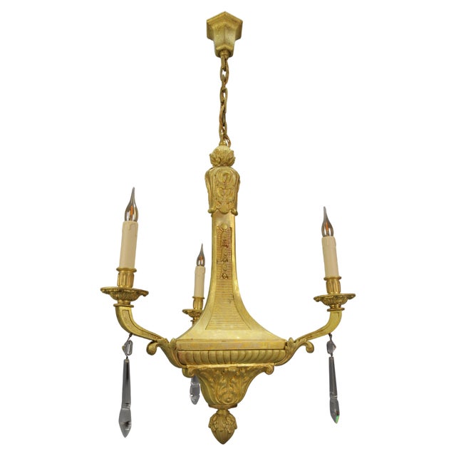 French Louis XVI Style Bronze 3-Light Chandelier, Early 20th Century For Sale