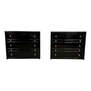 Pair Mid-Century Modern Commodes / Nightstands, Paul Frankl Style, Ebony Lacquer