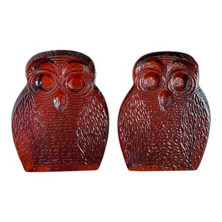 1960s Midcentury Orange Blenko Owl Bookends- a Pair For Sale