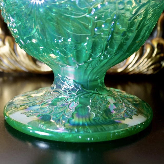 Glass Fenton Uranium Green Opal Glass Christmas Compote – Limited Edition Ap/F, Uv Reactive, Circa 2000 For Sale - Image 7 of 10