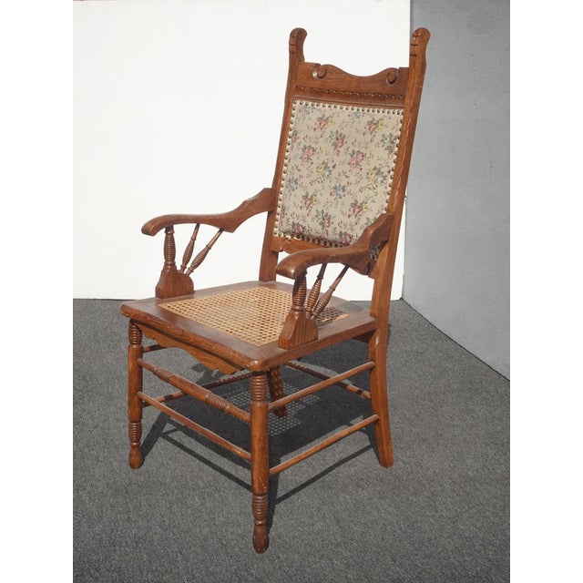 French Country Vintage Oak Cane French Country Arm Chair W Tapestry Backrest Fabric For Sale - Image 3 of 12