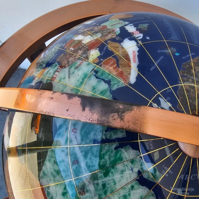 Metal Vintage Gemstone Globe Lapis Lazuli and Semi Precious Stones Worldglobe on Stand For Sale - Image 7 of 17