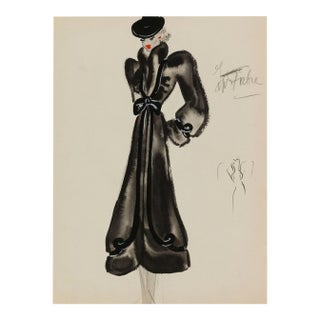 Vintage French Fashion Art Print – Black Bow Coat Illustration, 18" X 24" For Sale