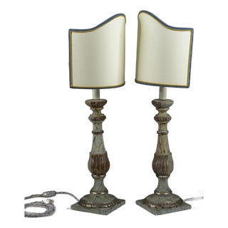 19th Century Candelabra Lamps in Lacquered Wood with Faux Marble Finish, Set of 2 For Sale