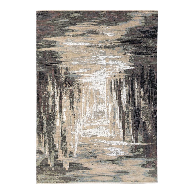 Modern Indian Abstract Beige and Gray Handmade Wool and Silk Rug For Sale