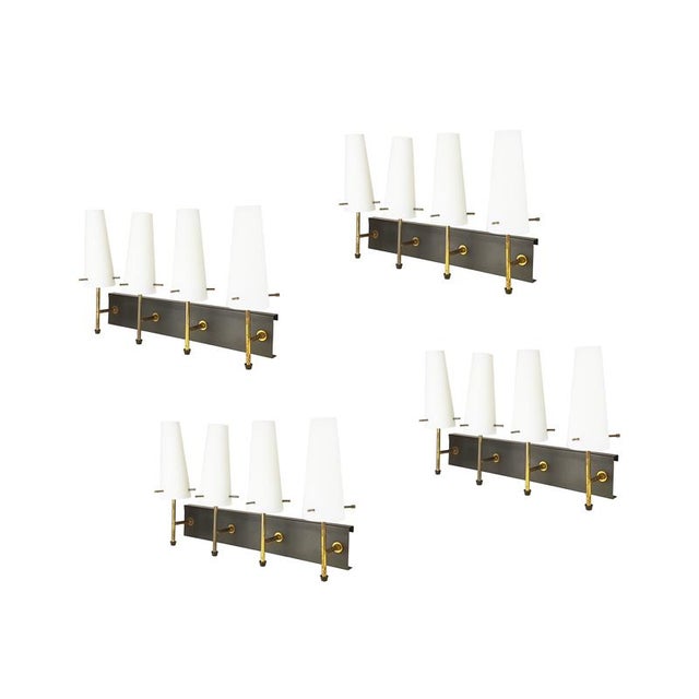 Black Metal, Brass & Opaline Glass 4-Light Wall Lamps, 1950s, Set of 5 For Sale - Image 9 of 15