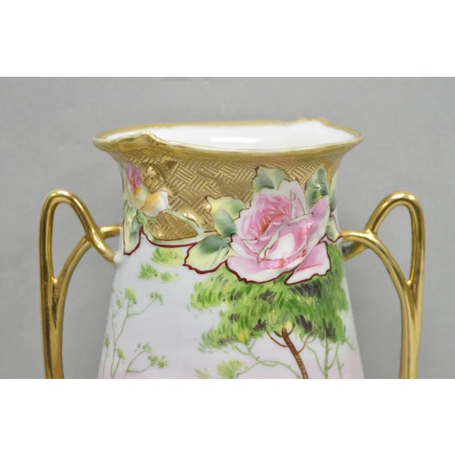 Art Nouveau Antique Nippon Hand Painted Porcelain Twin Handle Vase W /Flowers & Lake Scene For Sale - Image 3 of 15