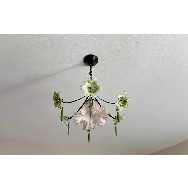 Vintage Murano Style Chandelier – Rare Pink & Green Art Glass For Sale - Image 12 of 13