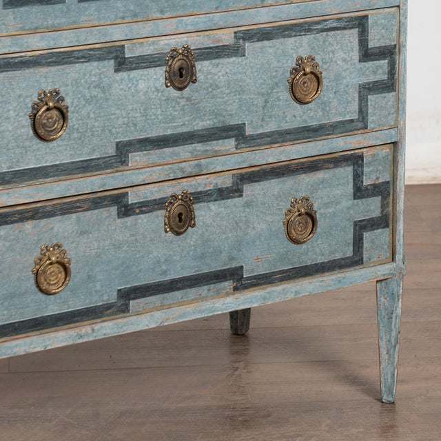 19th Century Swedish Gustavian Blue Chest of Three Drawers With Greek Key Design For Sale - Image 13 of 14