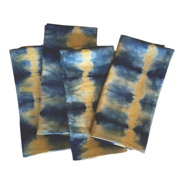 Rousseau Gold & Indigo Blue Abstract Pattern Hand Dyed Linen Napkins- Set of 4 For Sale