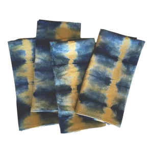 Rousseau Gold & Indigo Blue Abstract Pattern Hand Dyed Linen Napkins- Set of 4