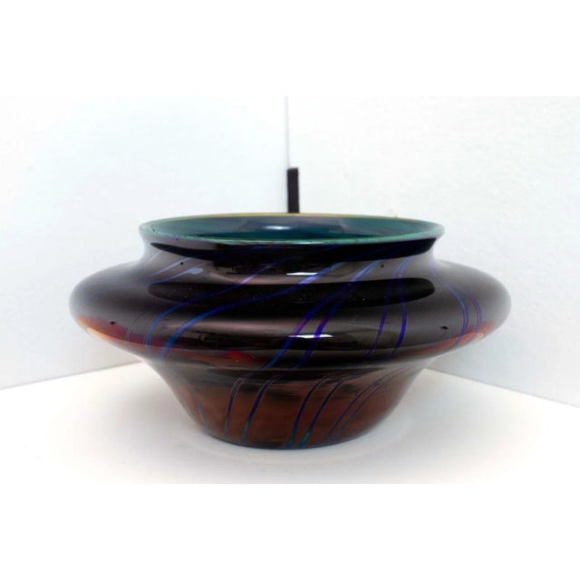 Modern Late 20th Century Charles Schneider Signed Modern Green & Blue Iridescent Swirl Design Vessel For Sale - Image 3 of 10