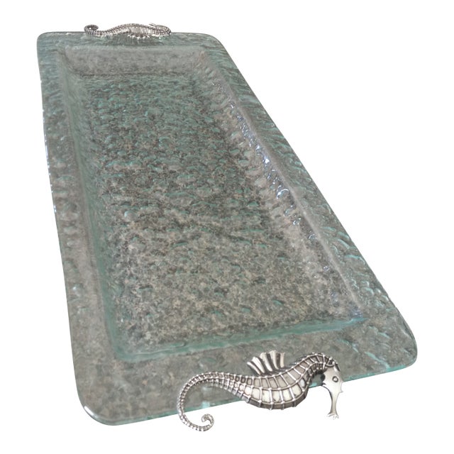 Vintage Arthur Court Bubbled Glass Serving Tray With Seahorse Handles For Sale
