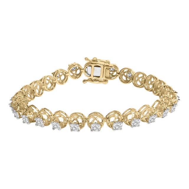14K Yellow Gold Plated .925 Sterling Silver 3 9/10 Cttw Diamond Buttercup Style Tennis Bracelet For Sale
