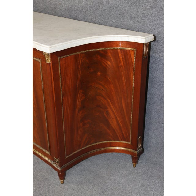 1950s Signed Maison Jansen Carrara Shallow Marble Top Flame Mahogany Sideboard Buffet For Sale - Image 5 of 11