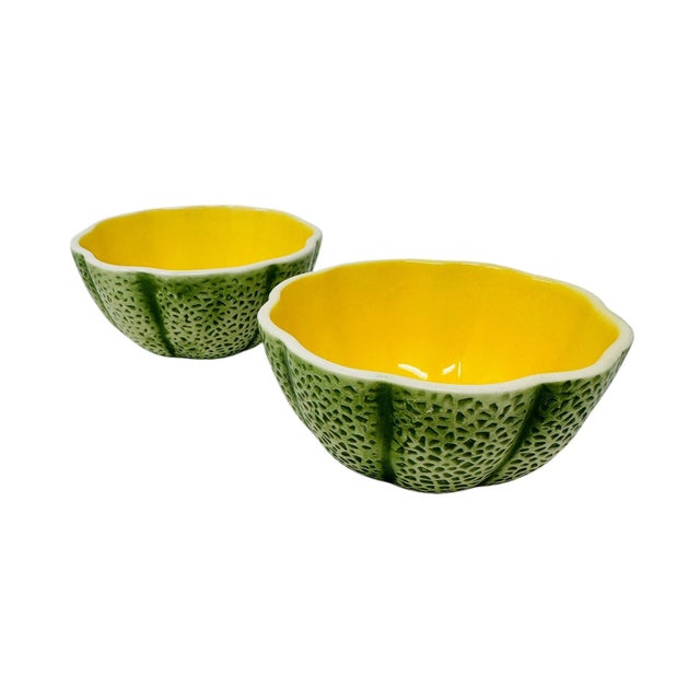 Mid 20th Century "Noir" Cantaloupe Fruit Bowls| Unmarked Knobler Style | Realistic Japanese Majolica - Set of 2 For Sale - Image 4 of 9