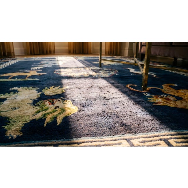 Navy Blue 1940s Blue Navy Animalia Antique Chinese Tibetan Rug 8' X 10' Handknotted Wool Carpet For Sale - Image 8 of 9