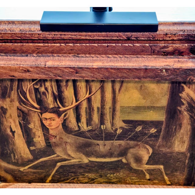 Wood Mid-Century Turista Mexican Folk Art: Frida Kahlo "Wounded Deer" (1946) Lithograph on Canvas - Rustic Pine Frame For Sale - Image 7 of 12