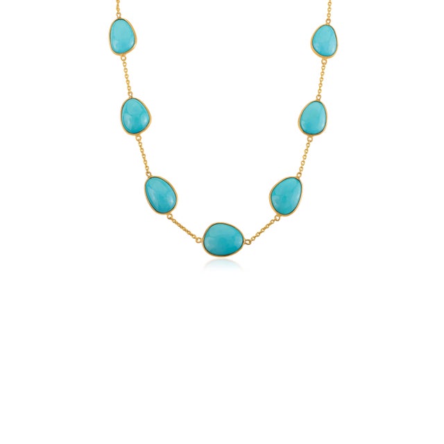 Boho Chic Style 24.26 Ct Turquoise Cabochon Station Necklace in 14k Gold For Sale - Image 4 of 14