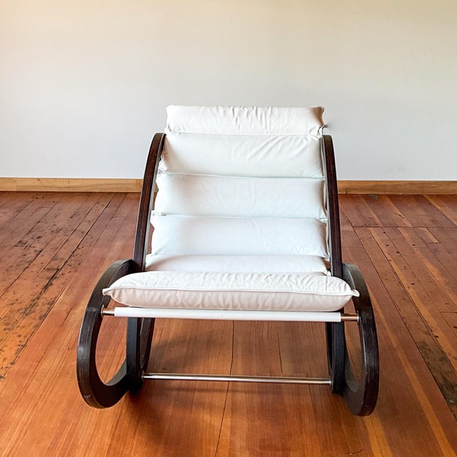 1990s 1990s Gae Aulenti Inspired Dark Wood Rocking Chair With Leather Cushion For Sale - Image 5 of 10