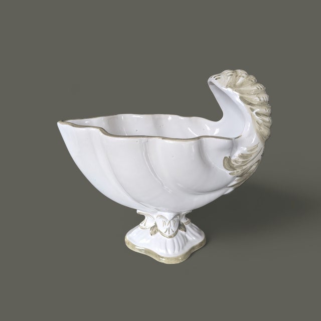 Vintage Italian Green and White Ceramic Shell Planter Made by Ugo Zaccagnini Marked "Italy"