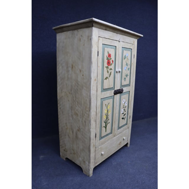 Primitive Painted Pine Linen Press With Floral Decoration For Sale - Image 14 of 16