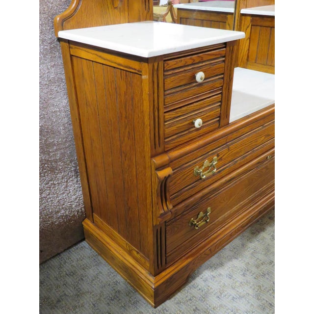 Vintage Lexington Solid Oak Drop Front Marble Top Dresser & Mirror