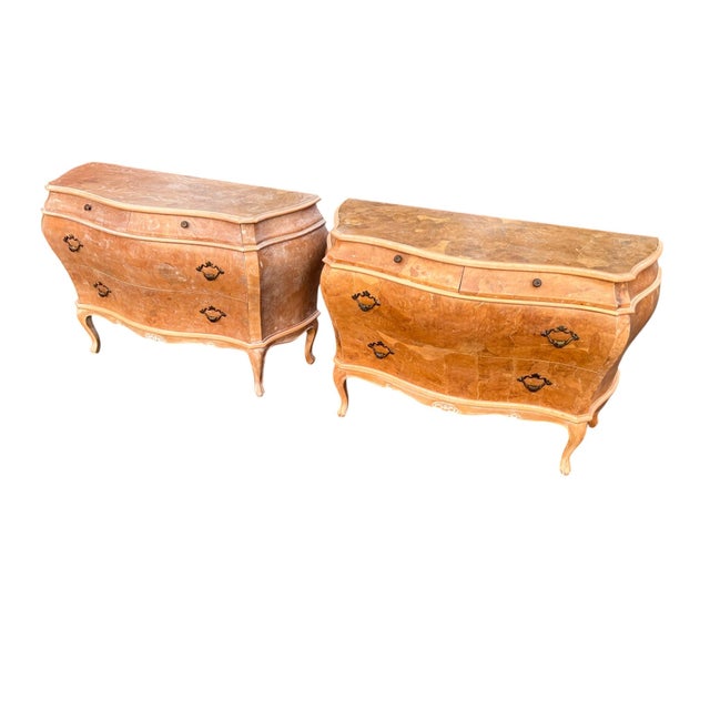 French Mid 20th Century Pair Bombe Burl Wood Commodes Italy For Sale - Image 3 of 18
