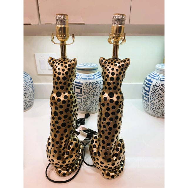 Contemporary Gold Cheetah Animal Print Tiger Table Lamps With Pleated Shades - A Pair For Sale In Miami - Image 6 of 12