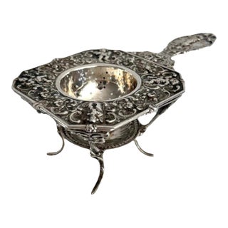 19th Century German 800 Silver Ornate Tea Strainer With Stand For Sale