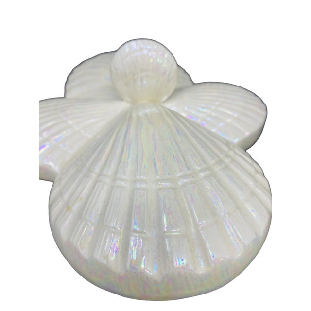 Antique White 1970's Iridescent Scallop Shell Lidded Ceramic Catchall Handmade For Sale - Image 8 of 11