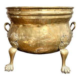 Large Antique English Brass Log Bin Planter For Sale