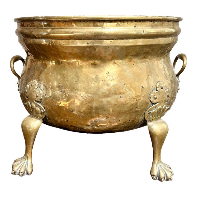 Large Antique English Brass Log Bin Planter For Sale