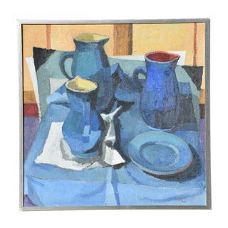 Helmut Meyer-Weingarten, Helmut Meyer-Weingarten, Gemälde, 1977 "Stillleben mit blauen Krügen", Oil on Canvas For Sale