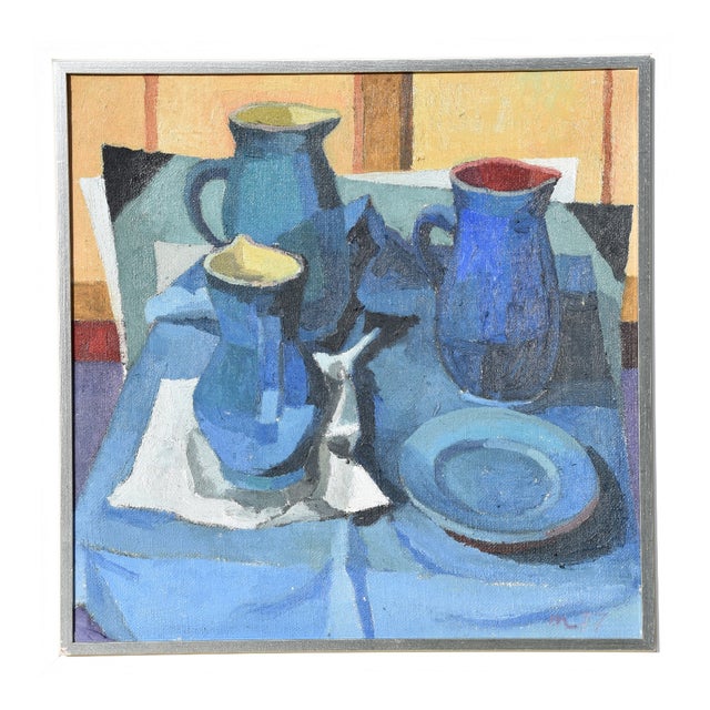 Helmut Meyer-Weingarten, Helmut Meyer-Weingarten, Gemälde, 1977 "Stillleben mit blauen Krügen", Oil on Canvas For Sale