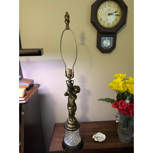 Traditional Mid 20th Century Brass Cherub Lamp With Cut‑Glass Diamond Base, 36″ Tall For Sale - Image 3 of 13