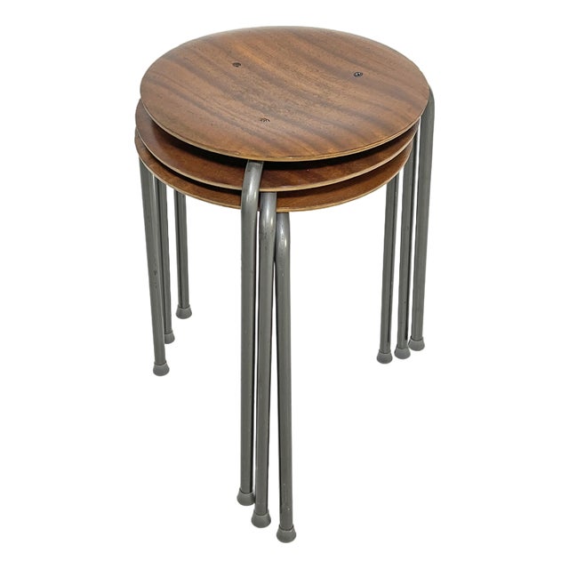C. 1960s Arne Jacobsen Danish Teak Stacking Tripod "Dot" Stools -- Set/3 For Sale