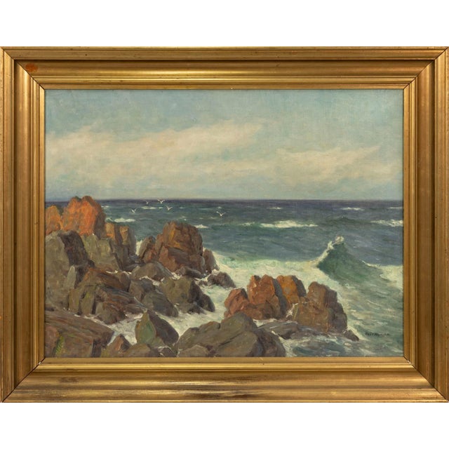 Oil painting depicting waves breaking against a rocky shoreline under an open sky by Russian artist Aleksei Vasilievich...