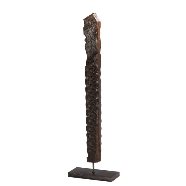 Art Deco 1950s Corbel 44” Tall Hand Carved Wooden Sculpture on Metal Display Stand | Rustic Farmhouse Architectural Salvage Floor Decor Piece For Sale - Image 3 of 4