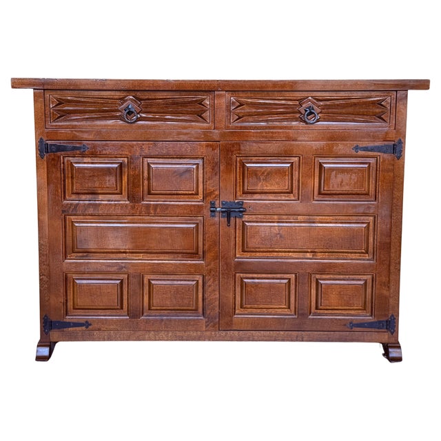 19th Spanish Baroque Carved Walnut Tuscan Three Drawers Credenza or Buffet For Sale - Image 15 of 18