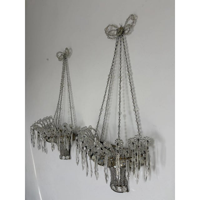 1920s Rare Italian Crystal Beaded Basket With Prisms Mirrors Sconces For Sale - Image 10 of 13