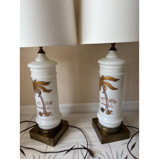 Mid 20th Century Mid 20th Century Hollywood Regency Midcentury Gold and White Hand Painted Opaline Palm Tree Table Lamps - a Pair For Sale - Image 5 of 11
