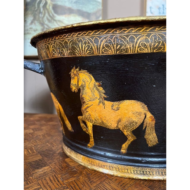 1900 - 1909 Antique English Planter Jardiniere Horse Equine Black Decoupage Tole Metal C1900 For Sale - Image 5 of 18