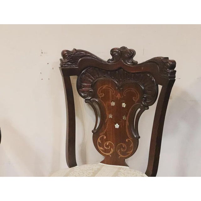 French Style Antique Mahogany Armchair & Single Chair Mother of Pearl For Sale - Image 4 of 6