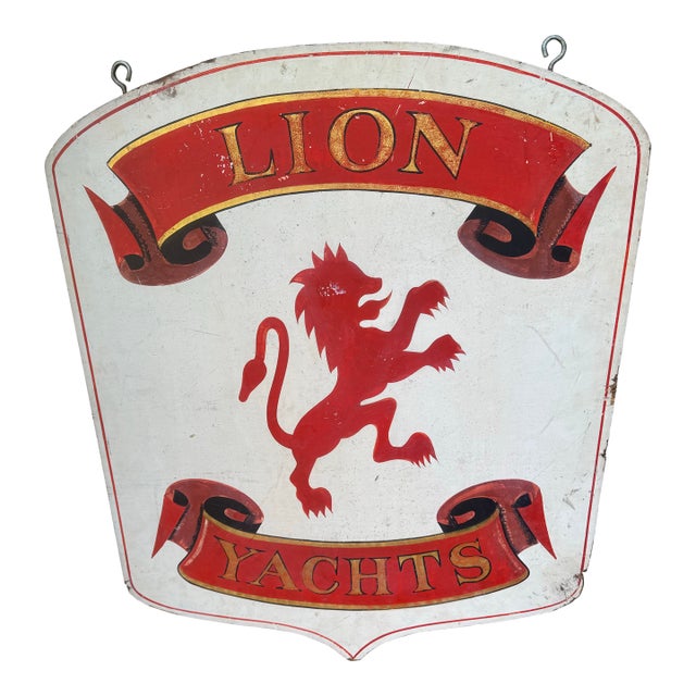 Vintage Two-Sided Wooden Trade Sign for Lion Yachts For Sale