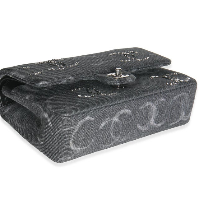Black Denim Sequin CC Medium Classic Double Flap Bag For Sale In New York - Image 6 of 9