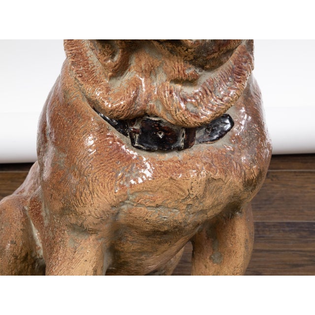 Vintage English Midcentury Sitting Bulldog Pottery Statue with Black Collar For Sale In Atlanta - Image 6 of 10