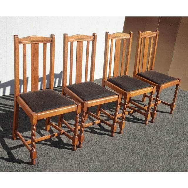Mission Set Four Vintage Oak Mission Style Barley Twist Oak Black Dining Room Chairs For Sale - Image 3 of 14